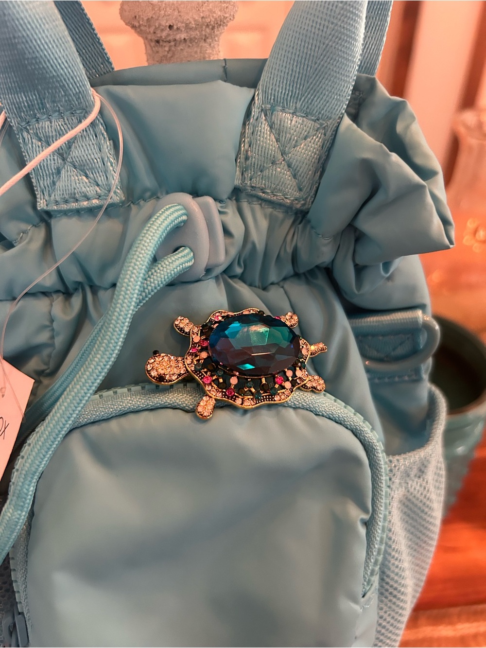 Turquoise Blue Women's Drawstring Mini Backpack - Picture 3 of 7